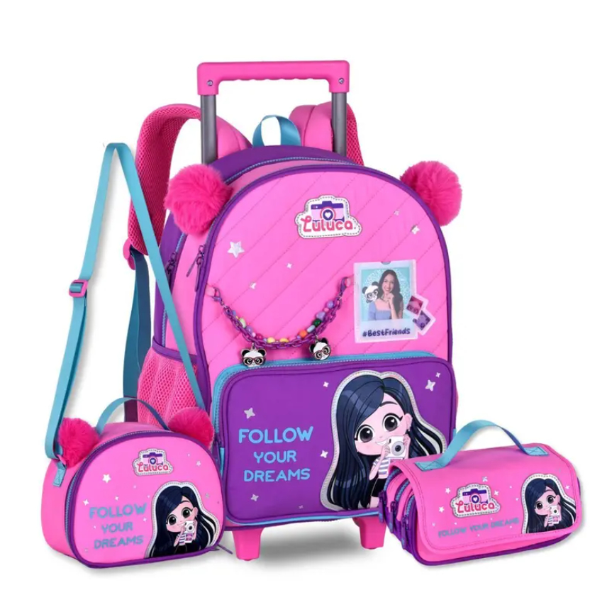 Kit Infantil Luluca Pandinha Mochila Carrinho com Lancheira e Estojo LU27416