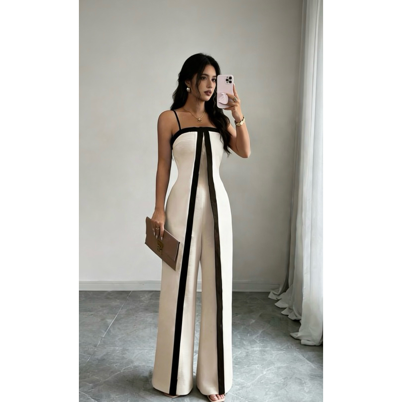 Macacão feminino listrado elegante e de alta qualidade, cintura alta, modelagem solta, estiloso e casual. H-14 em Oferta na Shopee