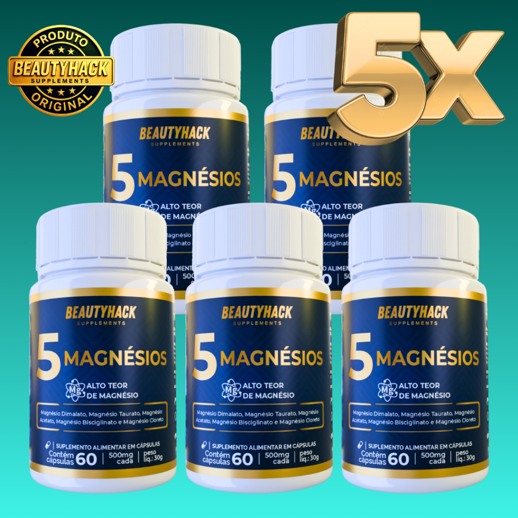 KIT 5x – 5 Magnésios (Dimalato, Taurato, Acetato, Bisglicinato, Cloreto) 300 Cápsulas - Envio Rápido