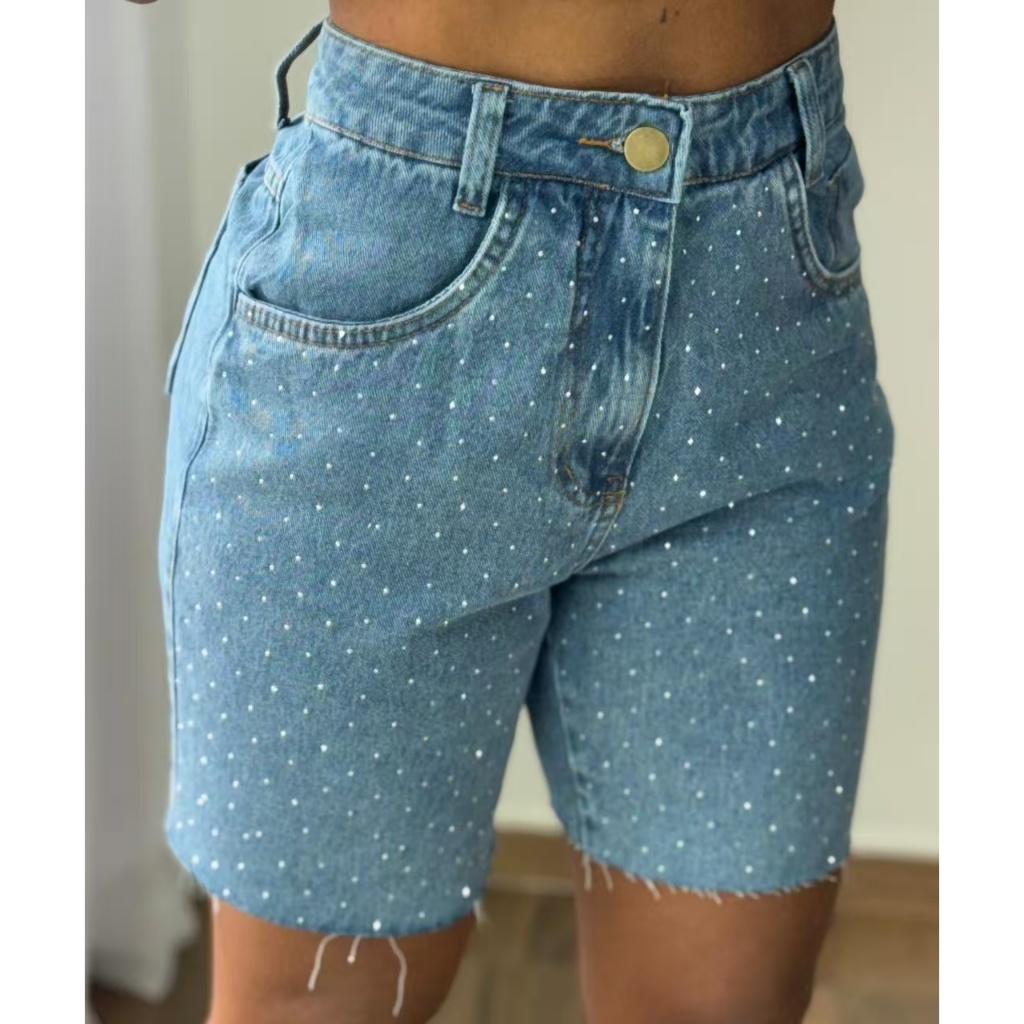 Bermuda Jeans Feminina Cintura Alta com Aplicação de Brilho em Oferta na Shopee