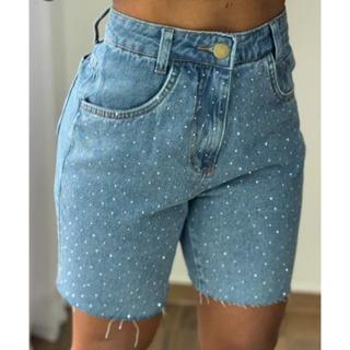 Bermuda Jeans Feminina Cintura Alta com Aplicação de Brilho em Oferta na Shopee