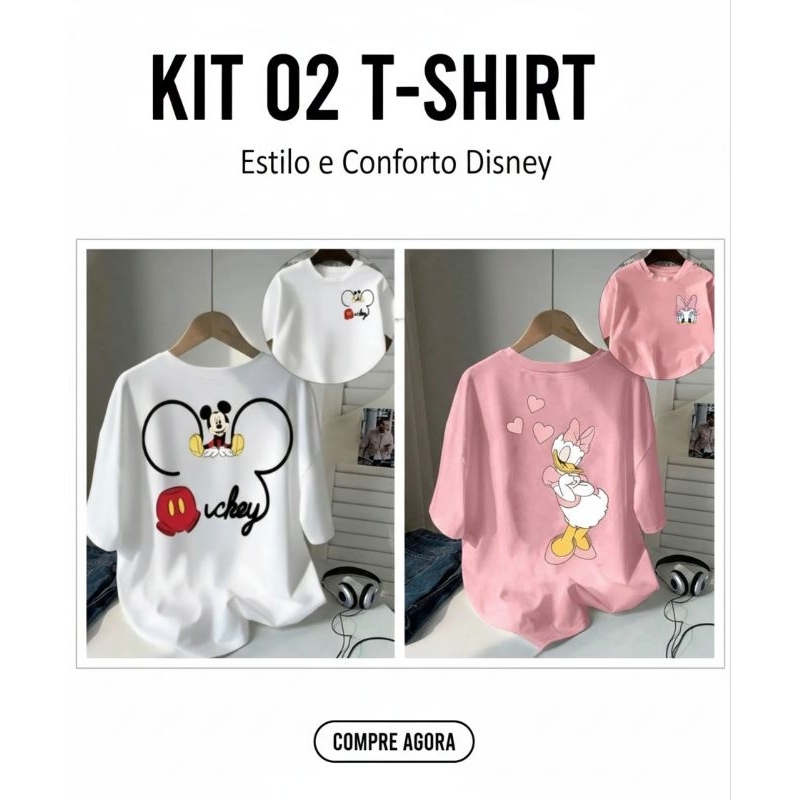 kit 02 Blusa T-Shirt Feminina Manga Curta Mickey Mouse e Margarida Camiseta 100% Algodão em Oferta na Shopee