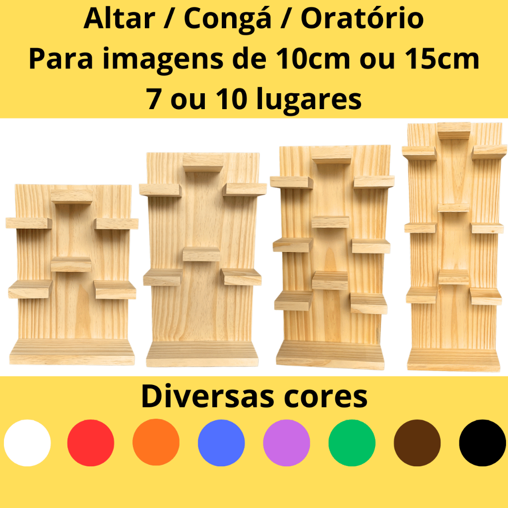 Altar congá oratório 7 ou 10 lugares para imagens de 10cm ou 15cm em madeira com kit instalação