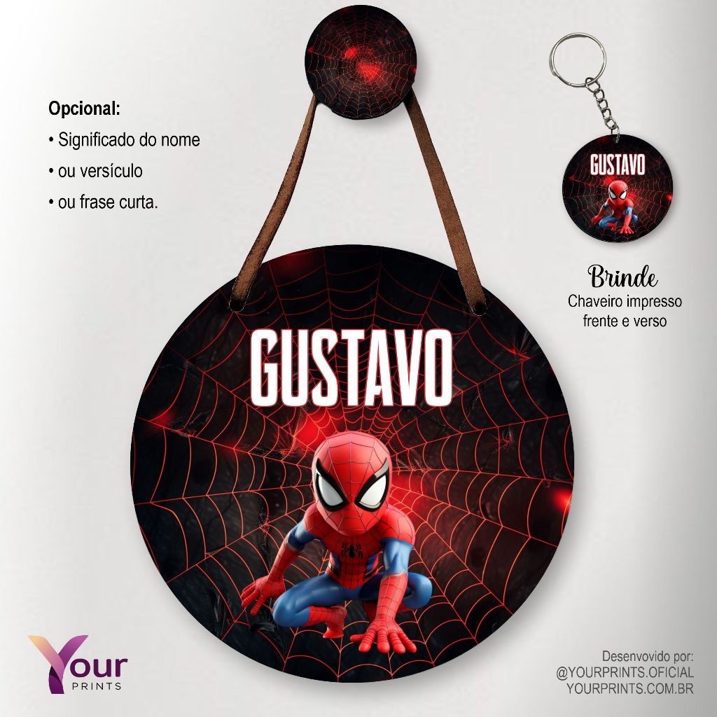 Enfeite Placa de Porta Quarto Homem-Aranha – Personalizado Nome + Chaveiro de Brinde - Presente Criativo Homem-Aranha