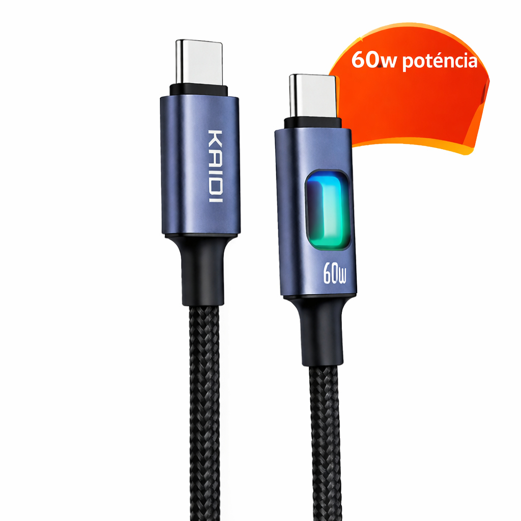 Cabo Carregador Rápido 60W Tipo C e Lightning LED Reforçado Para iPhone e Android