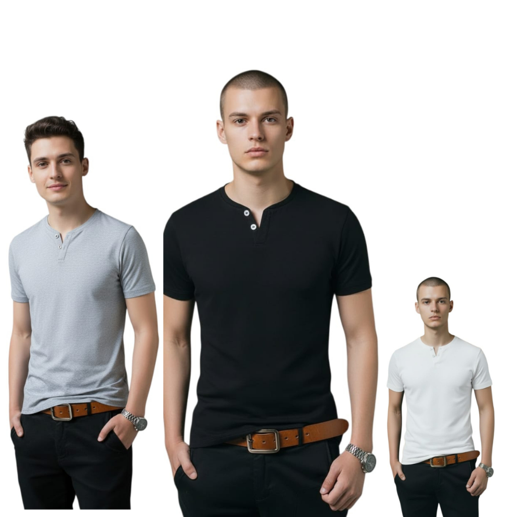 kit com 3 camisetas manga curta henley gola portuguesa 2 botões