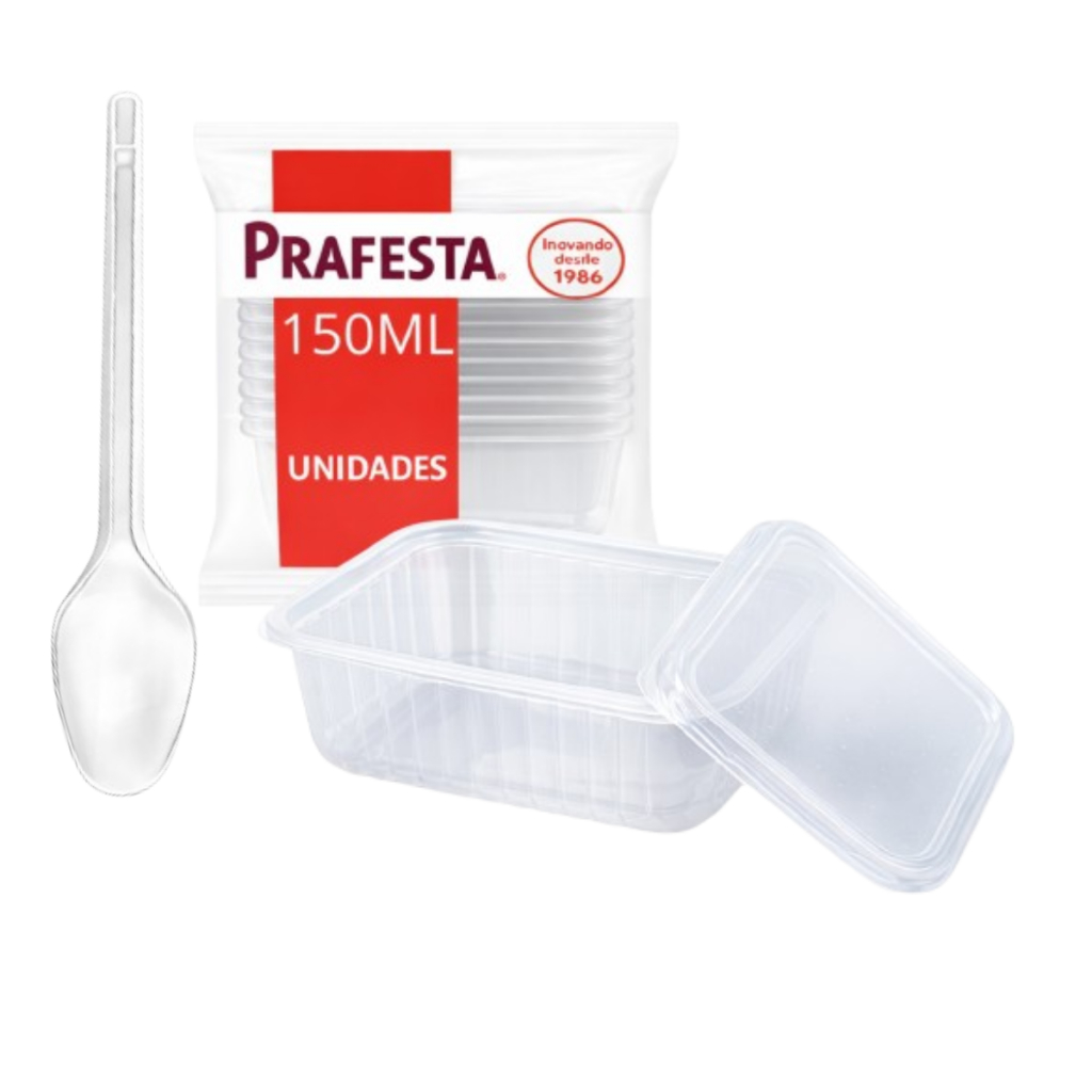 100 Potes Descartável Prafesta com 100 colheres  Freezer Micro-ondas Marmita Kit  Embalagem 2em1