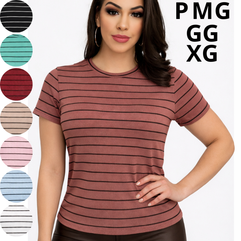 Blusa Feminina Listrada T-shirt elegante barato Confortáve lRibana Canelada