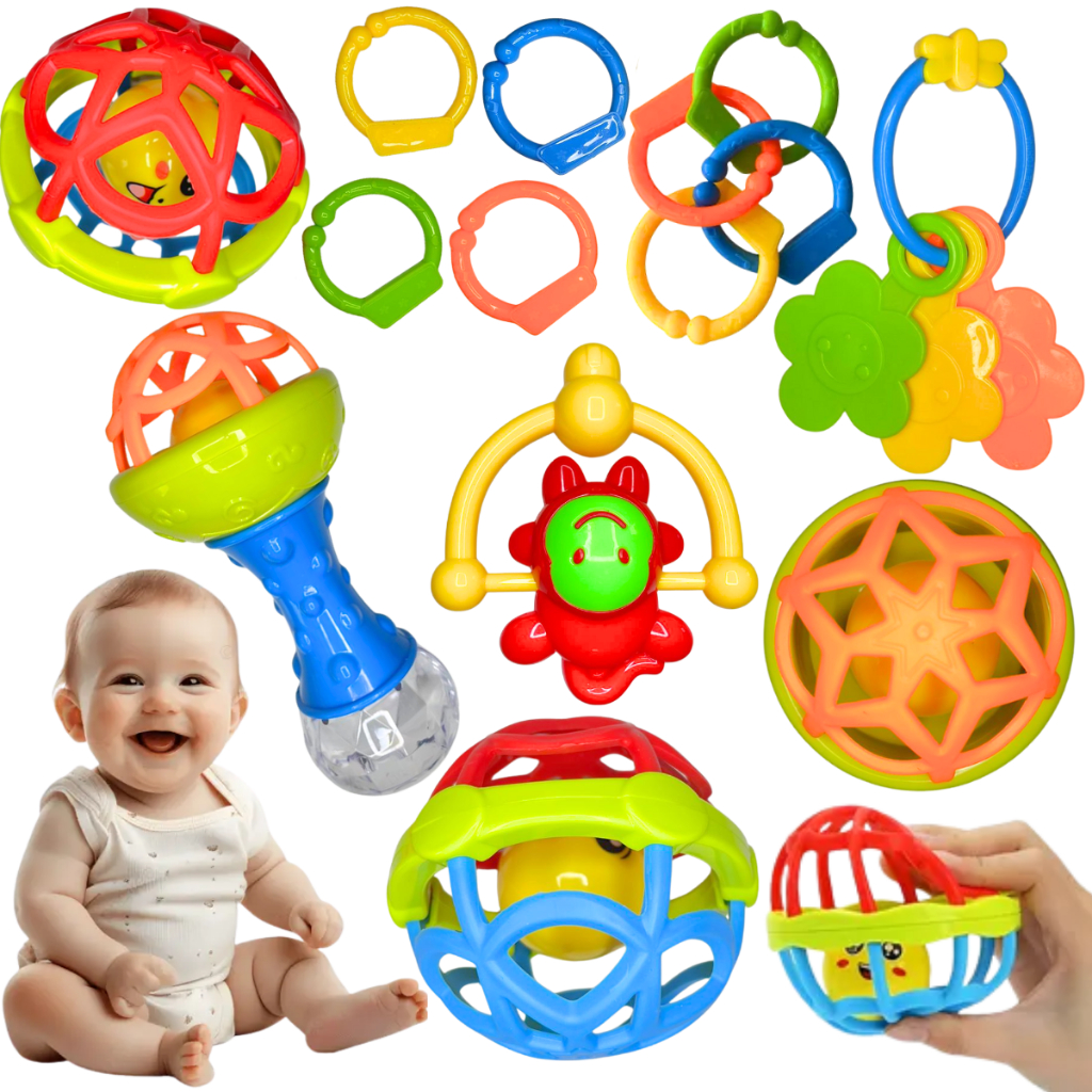 Kit Mordedor Chocalho Para Bebe Sensorial Macio Bolinha Mordedor Silicone Baby Ball Brinquedo Nenem 8 peças em Oferta na Shopee