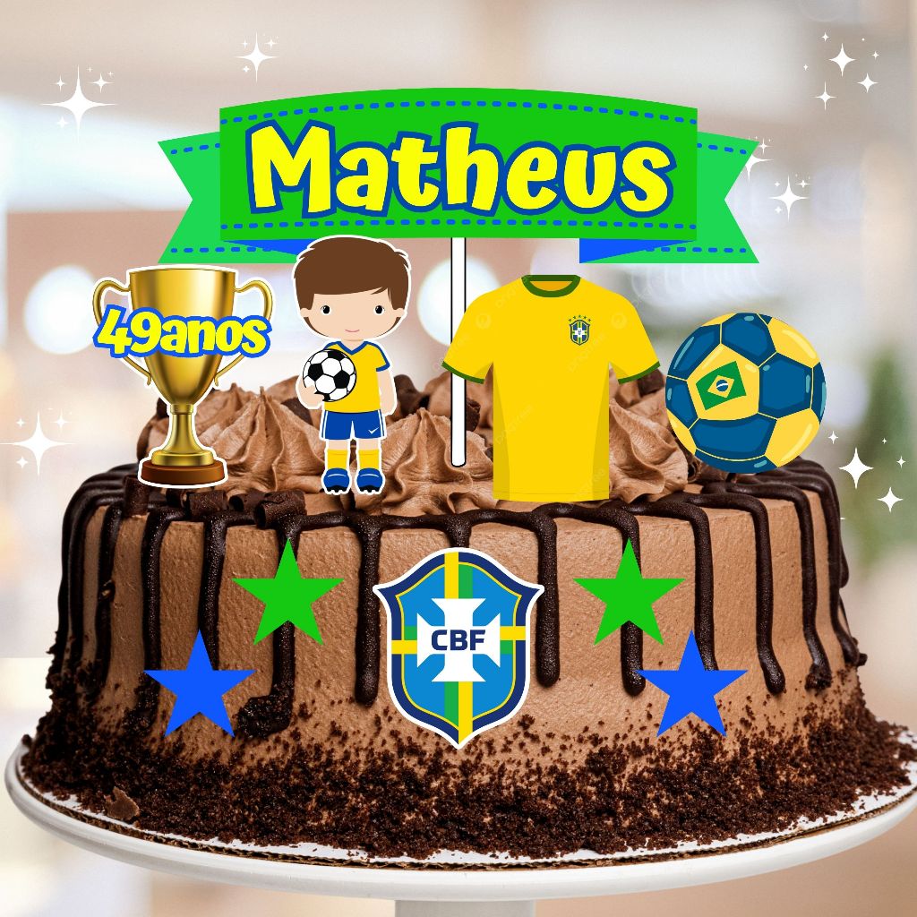 Topo de Bolo Personalizado Brasil Time Futebol Seleção Brasileira Festa Aniversário