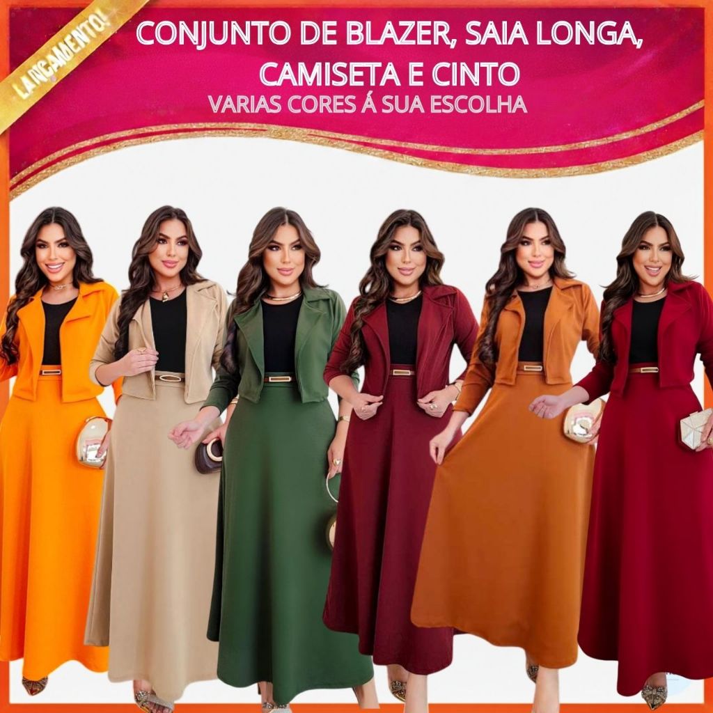 CONJUNTO FEMININO; BLAZER, SAIA LONGA, CAMISETA E CINTO; MODA EVANGÉLICA , SOCIAL, CONGRESSO , CULTO em Oferta na Shopee