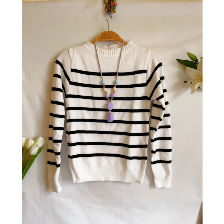 Blusa Modal Feminina Sueter listrado Tecido Tricot de manga longa