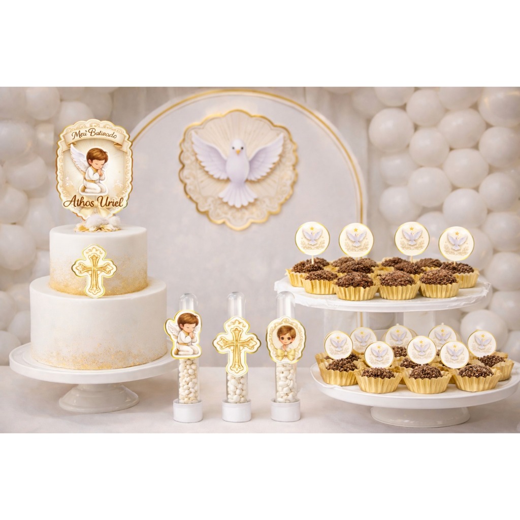 Kit Festa 3D batizado- Crisma- Eucaristia menino personalizado com nome - TOPPER - tag - aplique TUBETE  - Lembrancinha