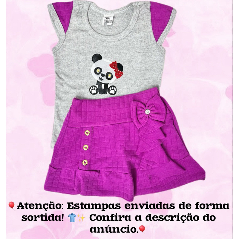Kit Blusinha e SAIA Roxo (Fúcsia) Infantil Moda Verão Roxa Confortavel Estampa Aleatoria