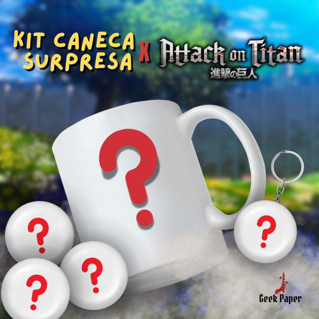 Kit Caneca de Cerâmica Botton Chaveiro Attack on Titan AOT Shingeki no Kyojin SNK Armin Levi Eren Mikasa Hange