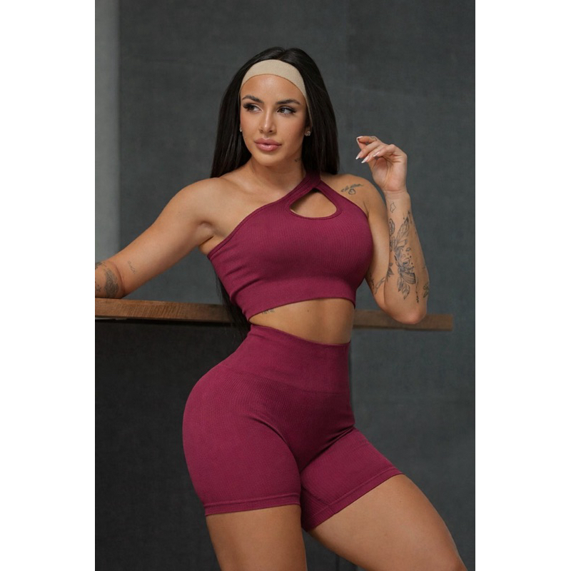 Conjunto Feminino Fitness Canelado Premium Top Com Bojo Removivel + Shorts Modelador Academia