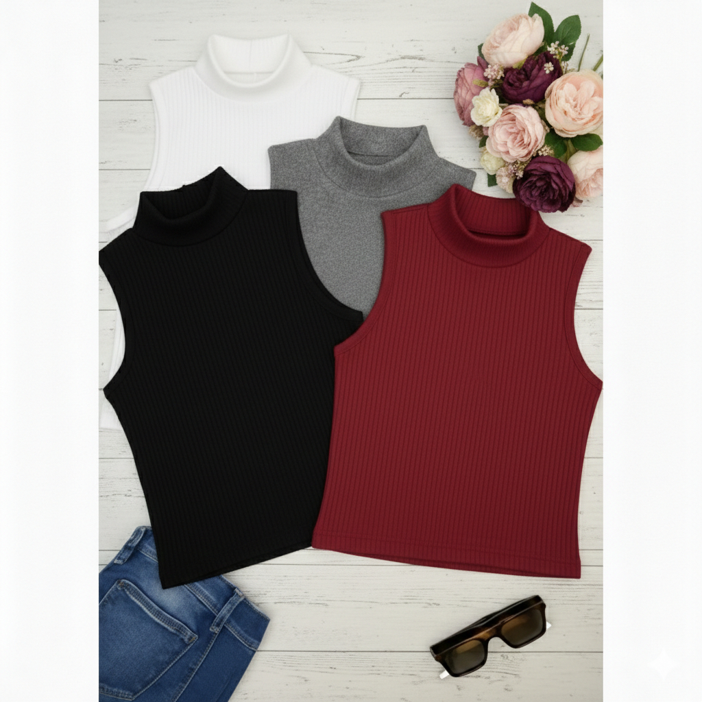 Kit 2  Croppeds  Feminina Canelado - com Gola Alta Estiloso