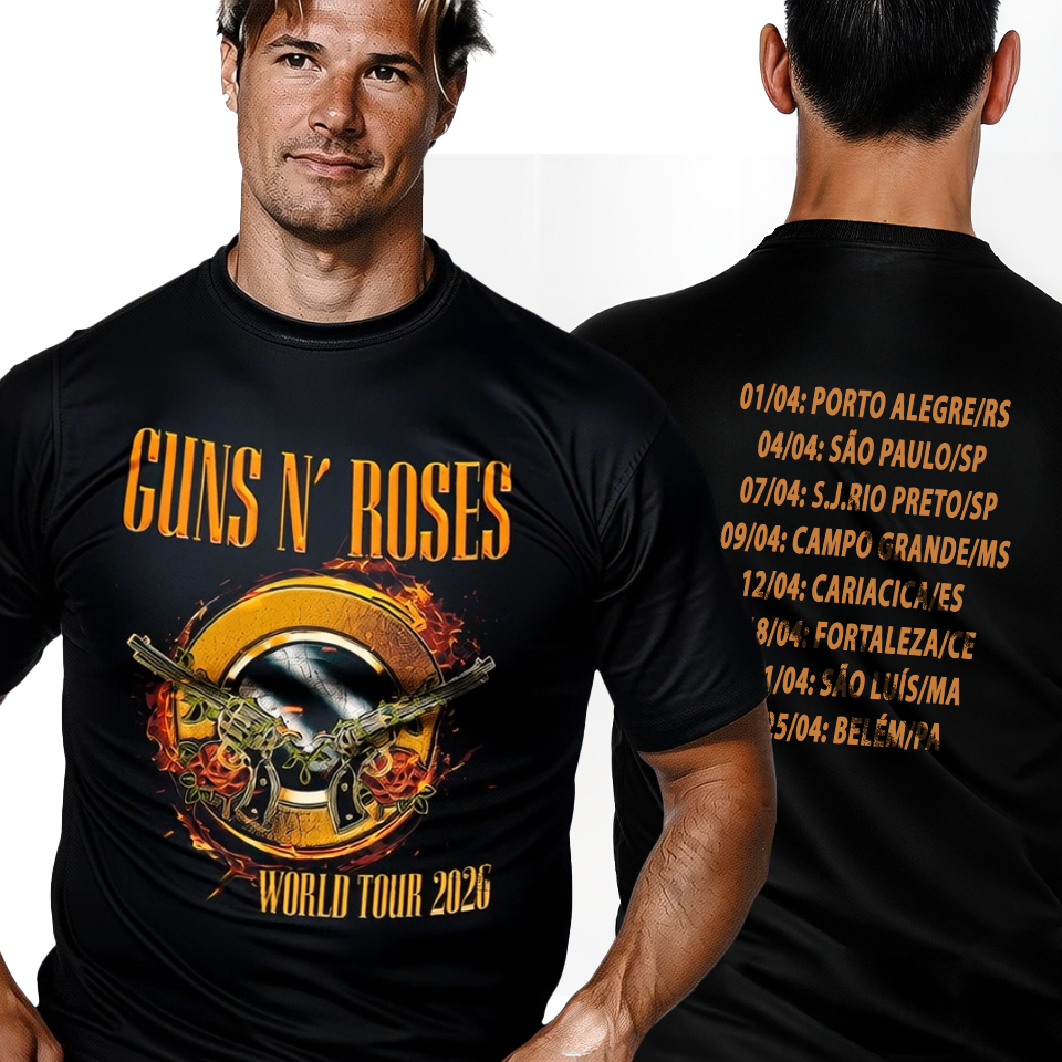 Camiseta Guns n Roses World Tour 2026 Monsters of Rock Rio Preto Brasil Blusa Datas Atualizada