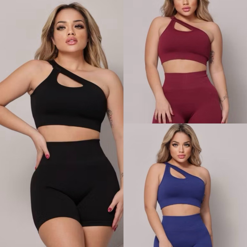 Conjunto Feminino Fitness Canelado Premium Top Com Bojo Removivel + Shorts Modelador Academia