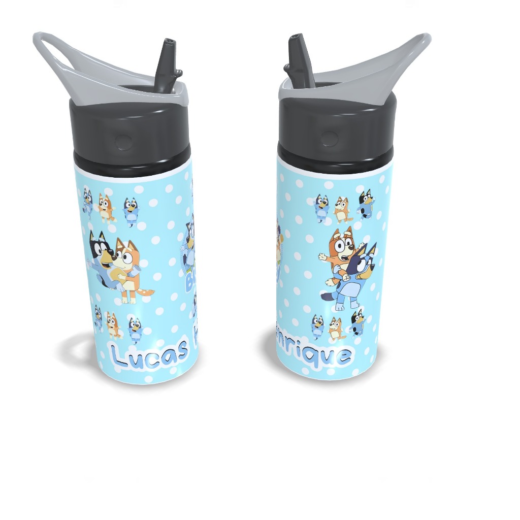 Garrafa Squeeze Infantil Escolar De Alumínio Bluey com Nome Personalizado NÃO E TERMICA
