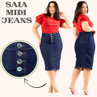 Saia Jeans Midi Evangélica Com 4 Botões-HJ Moda Evangélica