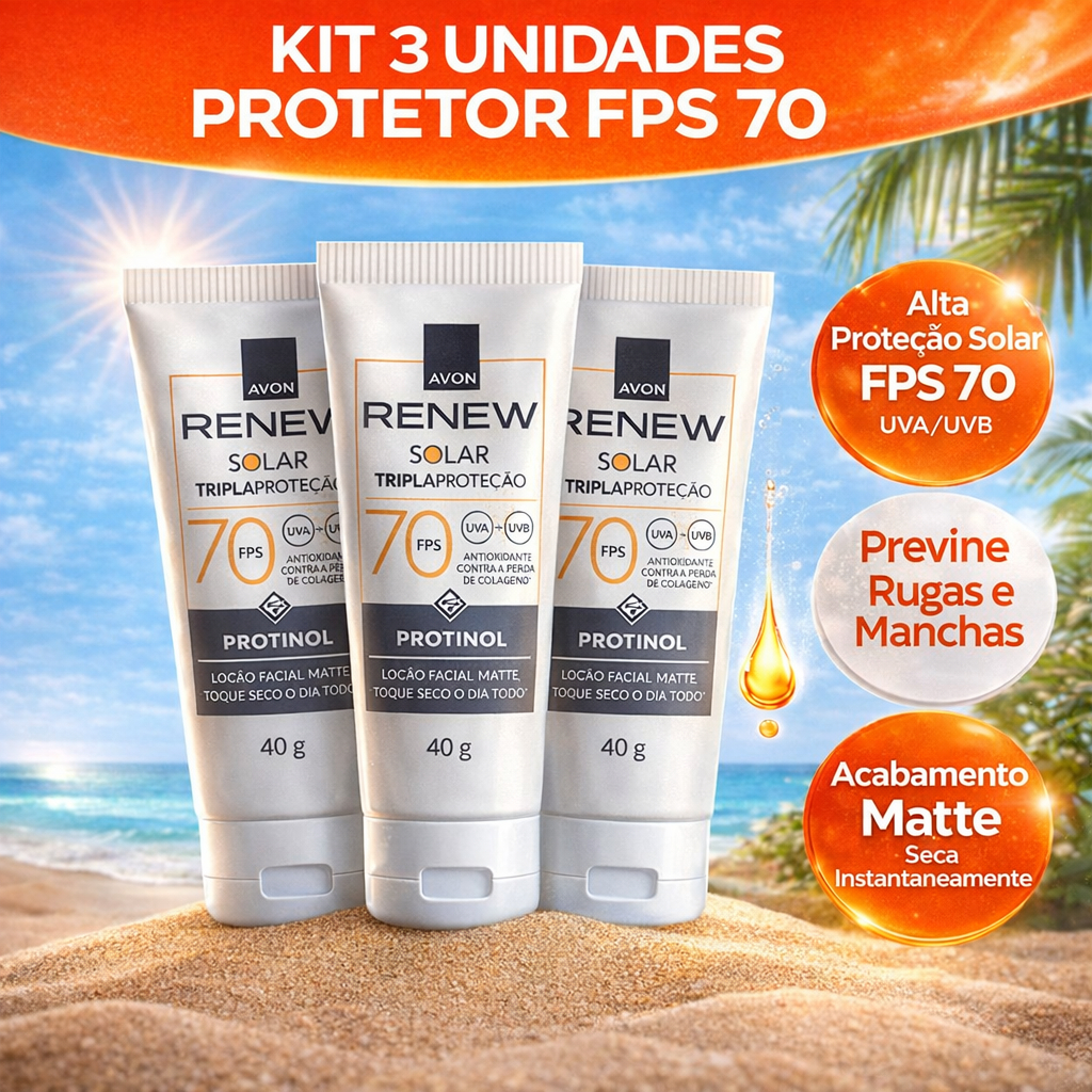 Kit 3 Protetor Solar Avon FPS 70 Renew Protinol Tripla Proteção Age 3x mais 40g
