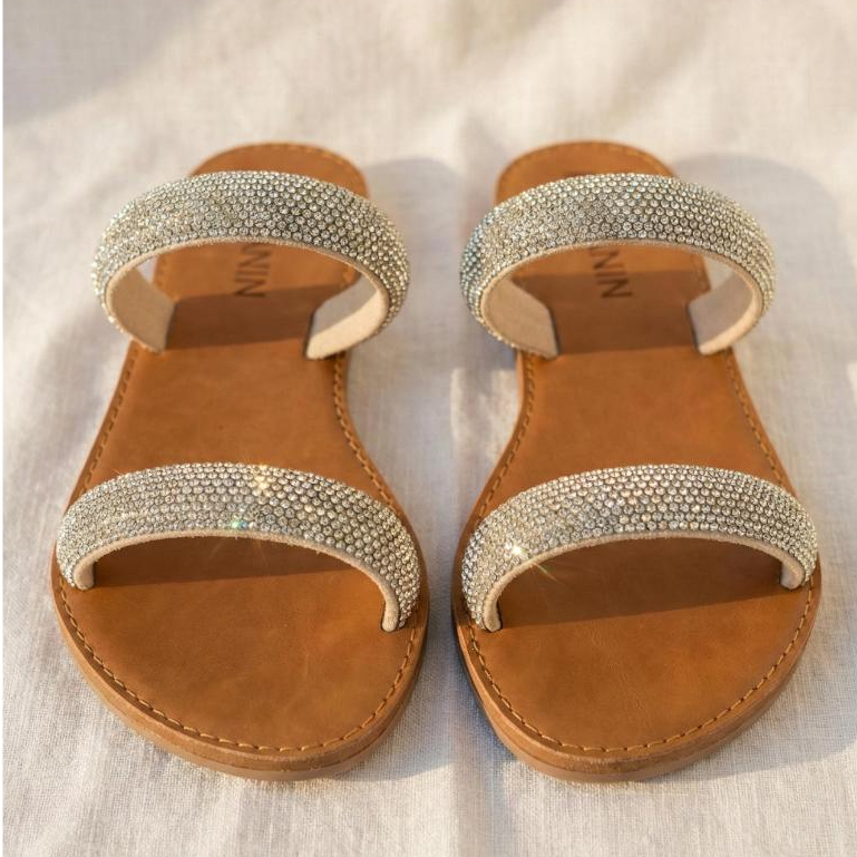 Sandália Rasteirinha Feminina Elegante e Confortável com Strass Prata Brilhante em Oferta na Shopee