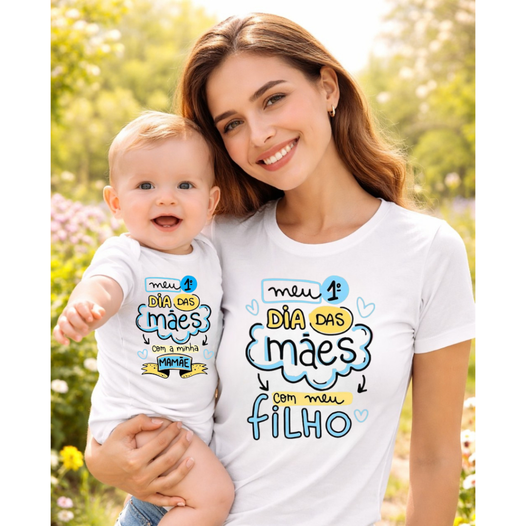 KIT Camiseta e Body Meu Primeiro Dia das Mães com minha mamãe e com meu filho - 2 peças