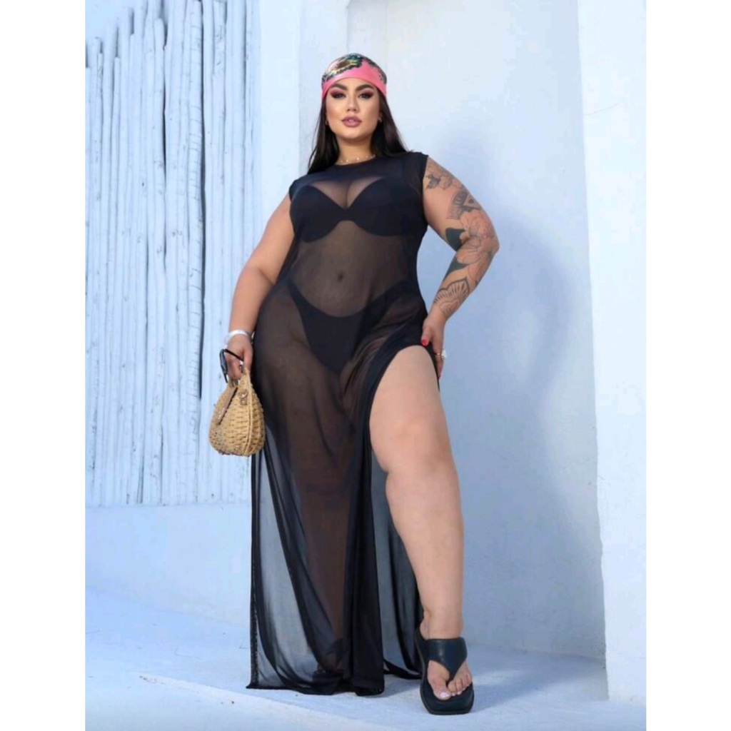 Saída De Praia Vestido Longo Regata Plus Size Em Tule (Estilo Gringa) em Oferta na Shopee