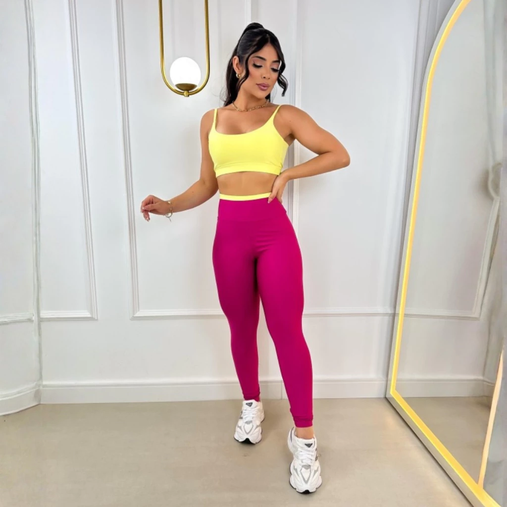 Conjunto Calça Legging e Top com Bojo Removível Cós Alto Reforçado Conjunto de Academia Feminino — imagem 1