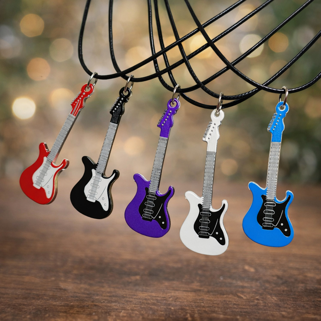 Colar Pingente Guitarra Cordão de Couro Preto Aesthetic Y2k Vintage Rock Presente
