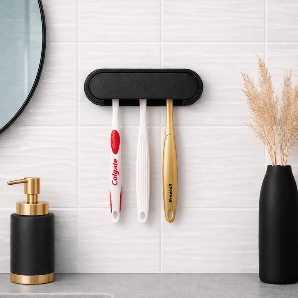 Porta Escova de Dente de Parede 5 Lugares com Fita 3M Suporte Organizador Banheiro Sem Furo