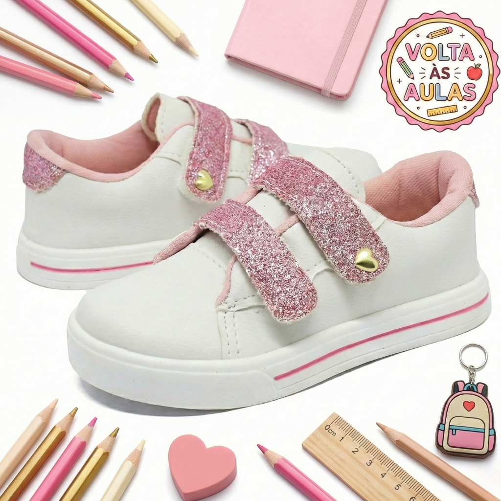 Tênis Infantil Menina Casual com Glitter Brilho Branco Moda Blogueira Confortável Ideal para Escola e Passeios