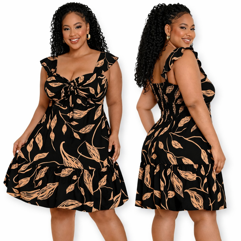 Vestido Curto Plus Size Feminino com Babado e Amarração no Busto Modelagem Confortável