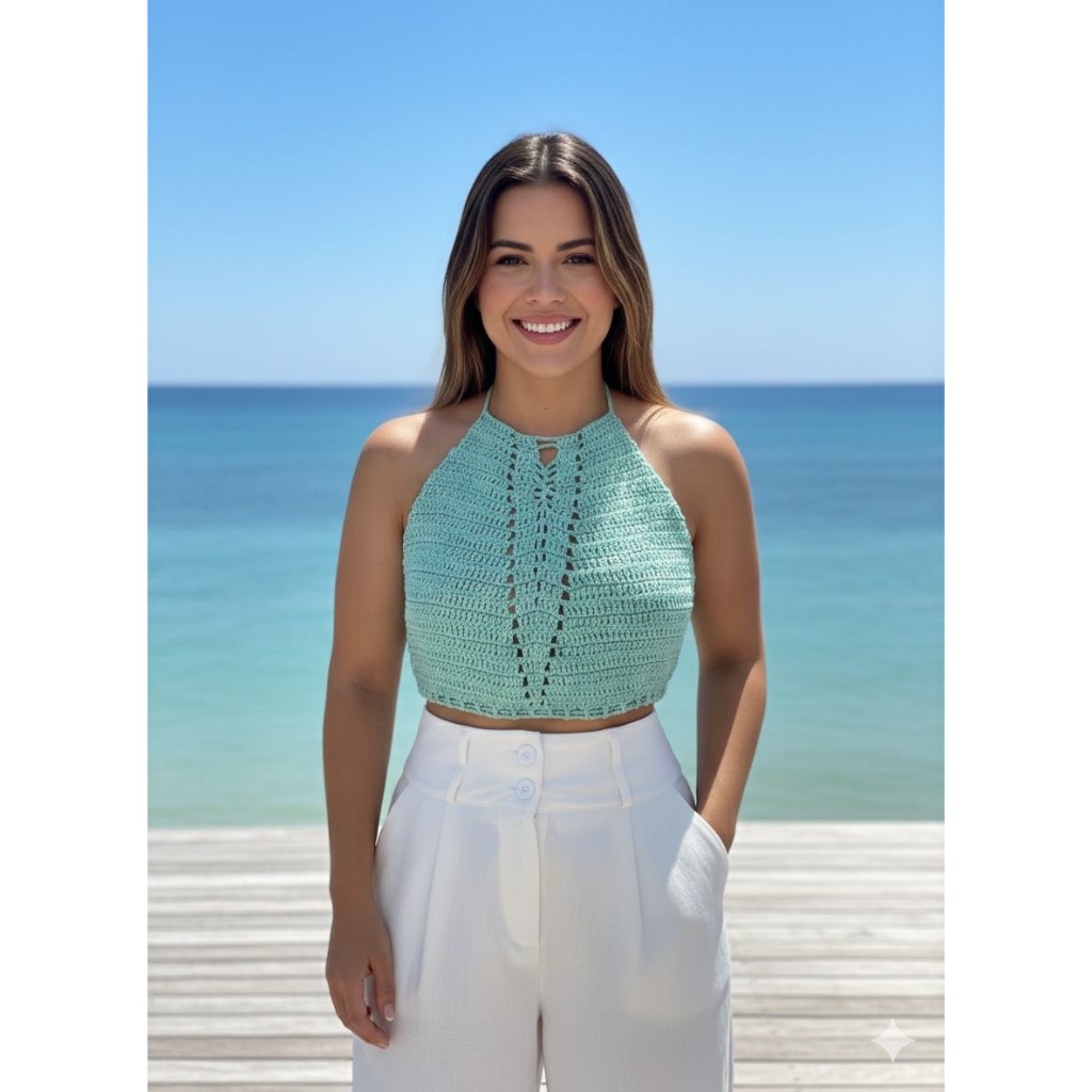 Cropped Top De Crochê Tendência Com Amarração Artesanal em Oferta na Shopee