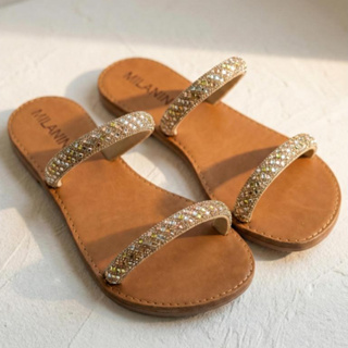 Sandália Rasteirinha Feminina Elegante e Confortável com Strass Dourado Brilhante em Oferta na Shopee