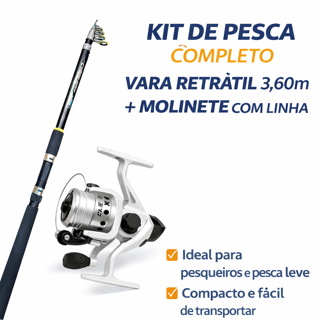 Kit Pesca Vara Retrátil 3,60m + Molinete 200 com Linha | Pesca Esportiva Ultra Light