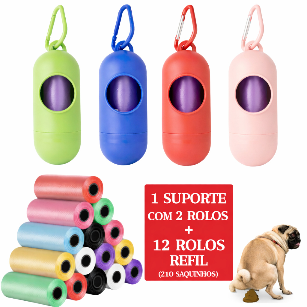 Kit 12 Rolinhos Cata Caca 200 Saquinhos Higiênicos p/ Pet Cachorro Cão + Porta Cata Caca com 2 Rolinhos