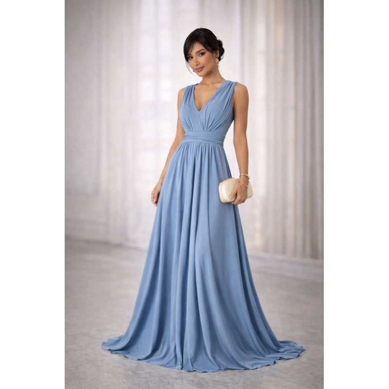 Vestido Festa madrinha sem brilho Elegante com Decote V e Cintura Marcada em Oferta na Shopee