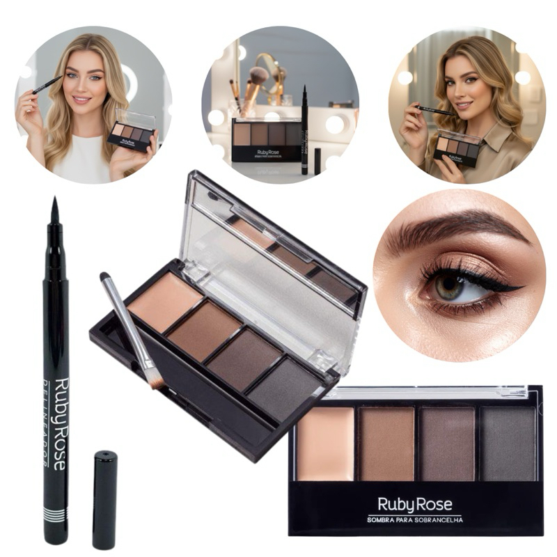Kit Maquiagem Ruby Rose Paleta de Sobrancelha e Delineador
