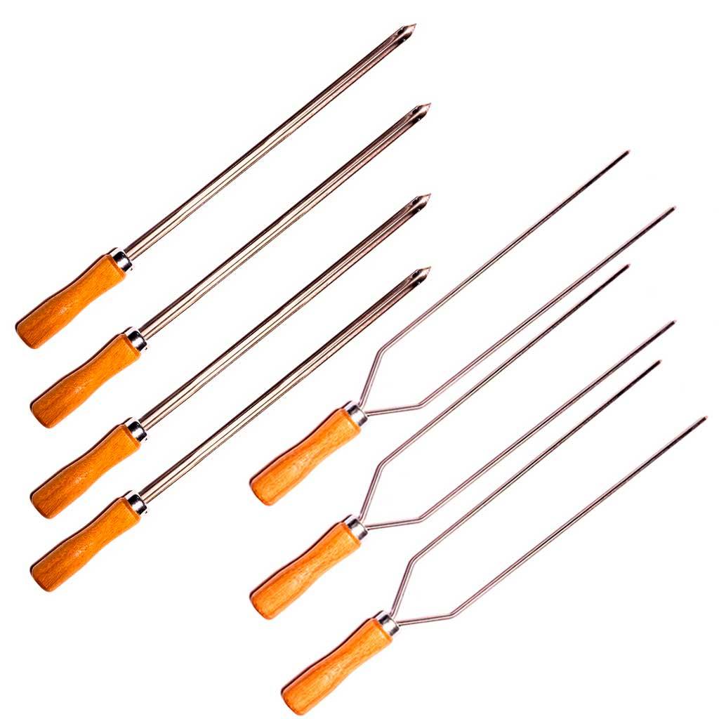 Kit com Mini Espetos para churrasco em Aço Inox com cabo de madeira 40cm (Simples e Duplos) - Espetinho