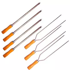 Kit com Mini Espetos para churrasco em Aço Inox com cabo de madeira 40cm (Simples e Duplos) - Espetinho