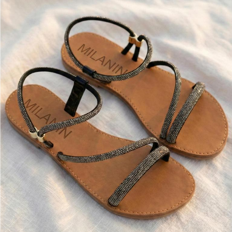 Sandália Rasteirinha Feminina Elegante e Confortável com Strass Brilhante em Oferta na Shopee