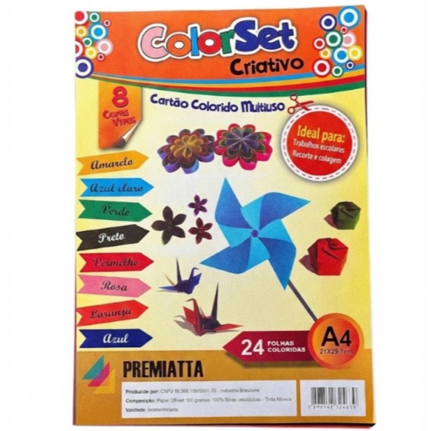 Kit Folhas Cartolina ColorSet Cores Vivas Sortidas para Escola Origami Material Escolar Papelaria