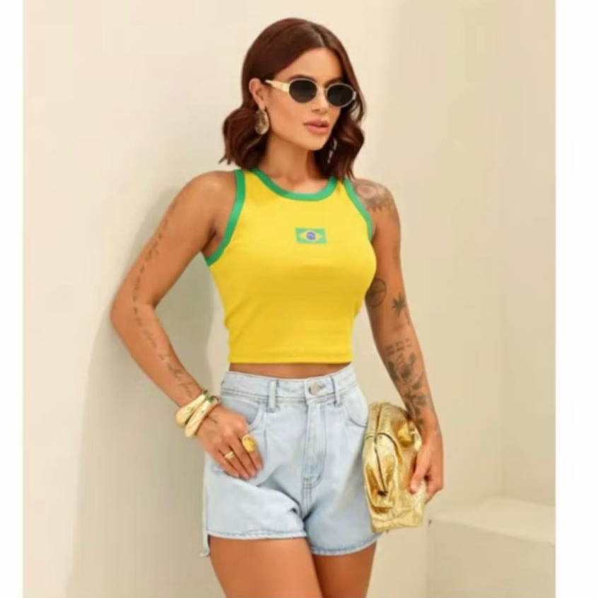 Regata Feminina Brasil Bandeira -Canelado Premium Copa do Mundo 2026 Torcida Verde Amarelo Blusinha em Oferta na Shopee