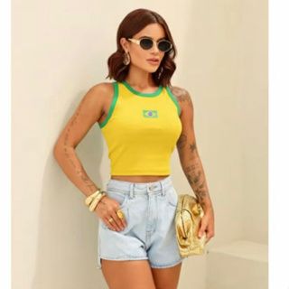 Regata Feminina Brasil Bandeira -Canelado Premium Copa do Mundo 2026 Torcida Verde Amarelo Blusinha em Oferta na Shopee