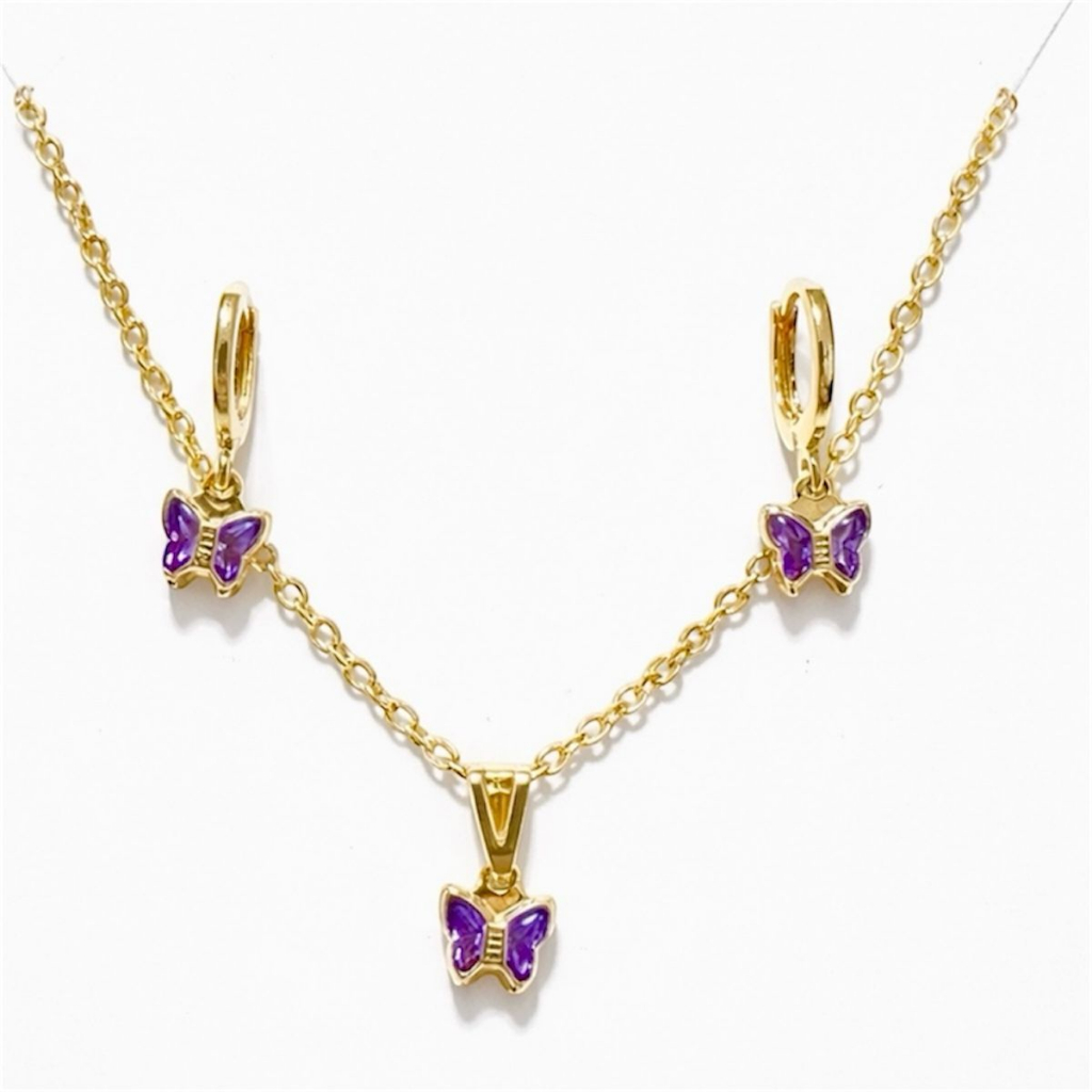 Conjunto Antialérgico Infantil Colar e Brinco Borboleta Roxo No Ouro 18k Prata 925 Conjunto Infantil em Oferta na Shopee