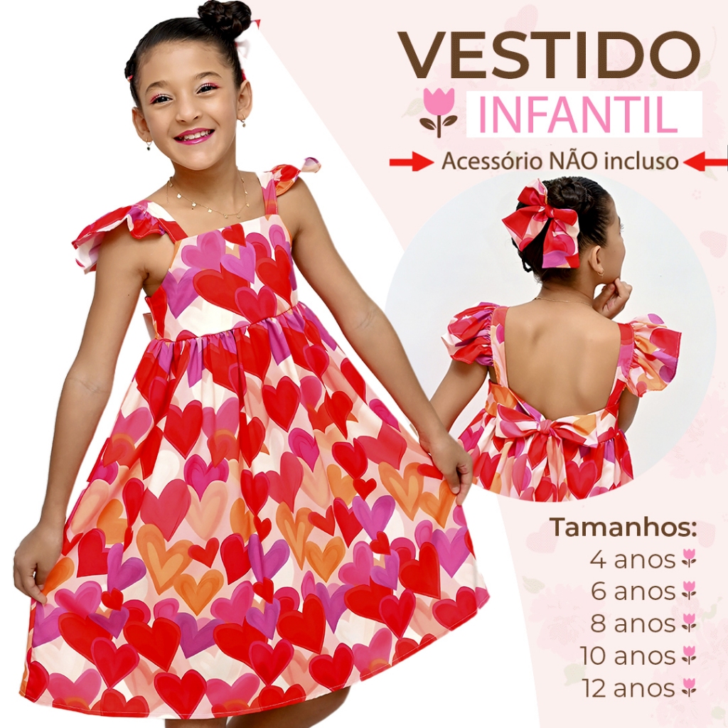 Vestido Lç Coracão Novo Infantil/Juvenil Confortável Exclusivo Lançamento 4 a 12 anos em Oferta na Shopee