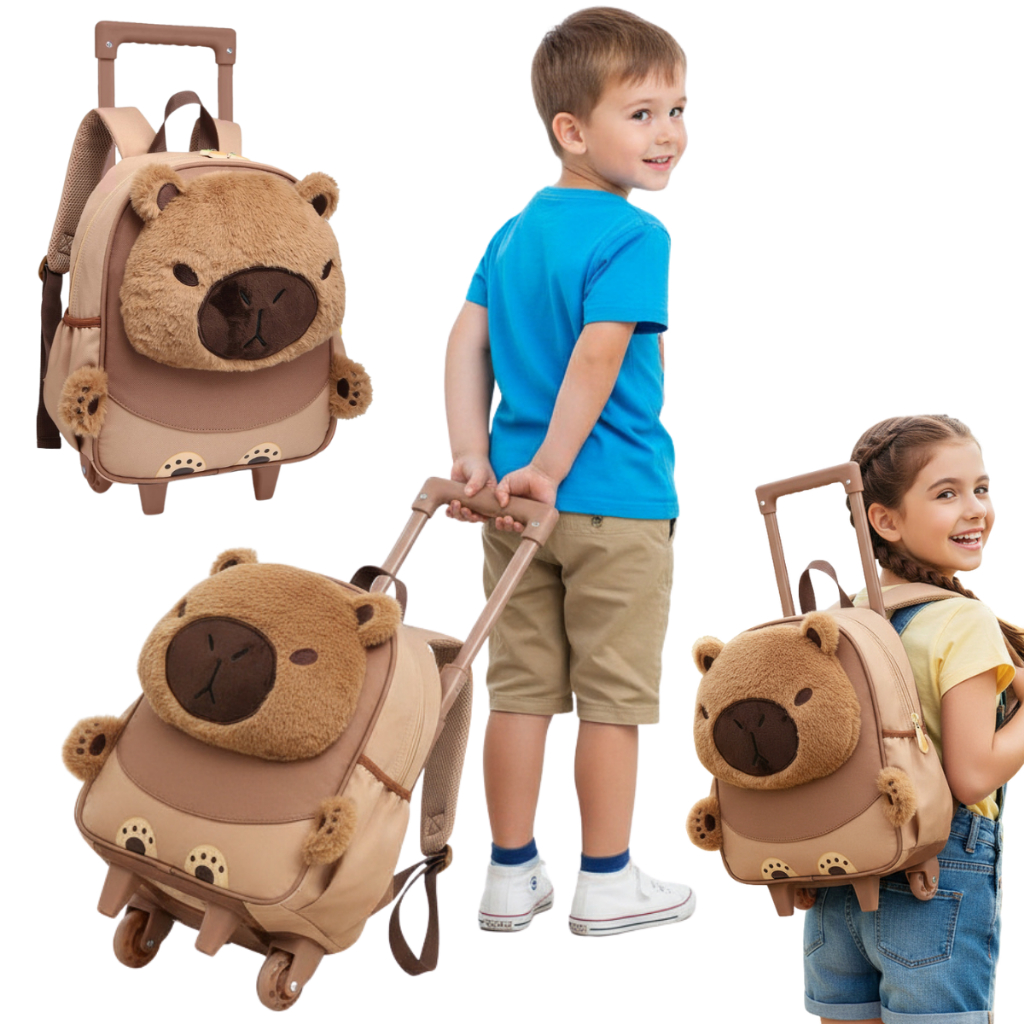 Mochila Escolar Creche de Rodinhas Capivara Menino Menina 3D Bolsa Infantil Passeio