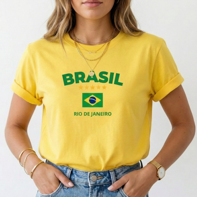 Camiseta Tshirt Feminina Estampa Brasil Rio de Janeiro 100% Algodão Copa do Mundo Lançamento